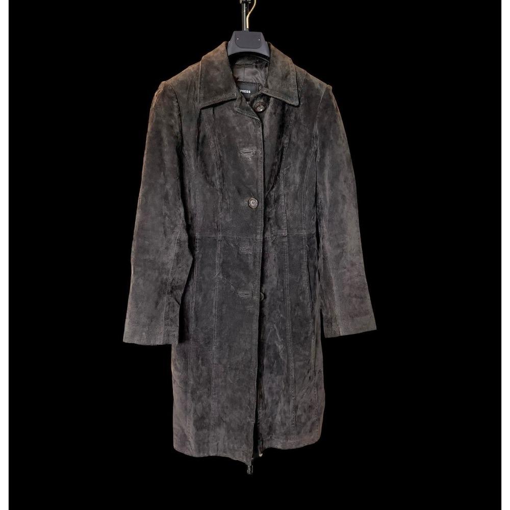 Y2K Vintage Express Womens Brown Suede‎ Leather Trench Coat Jacket Size 3/4